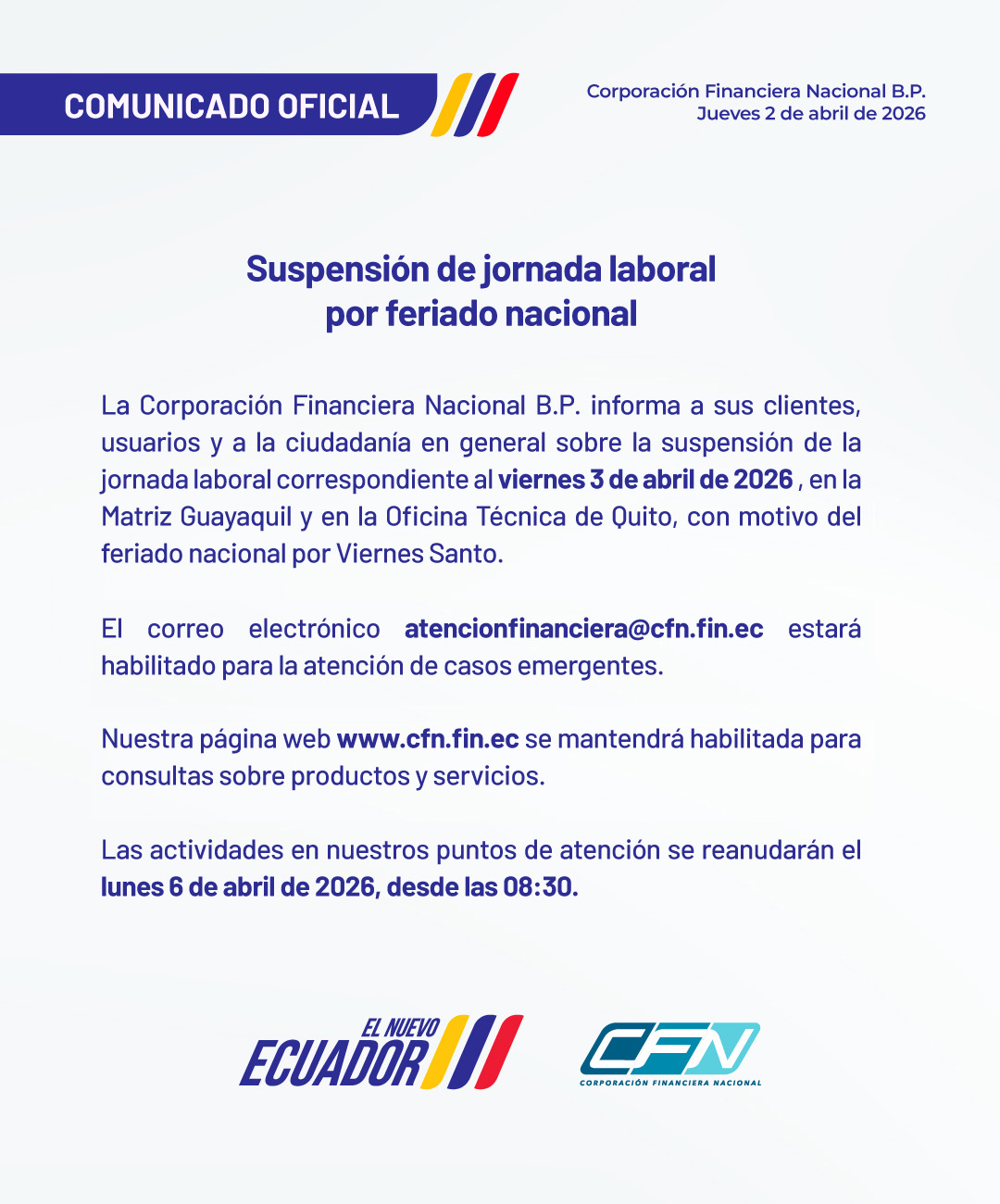 Comunicado Feriado Viernes Santo CFN