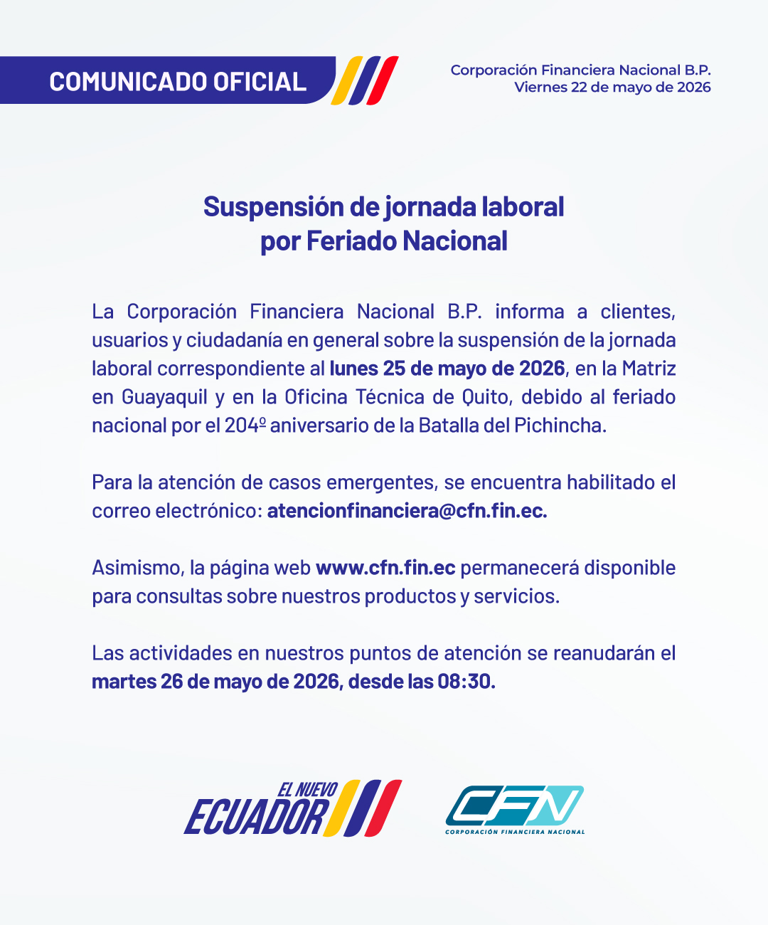 Comunicado feriado 25 de mayo