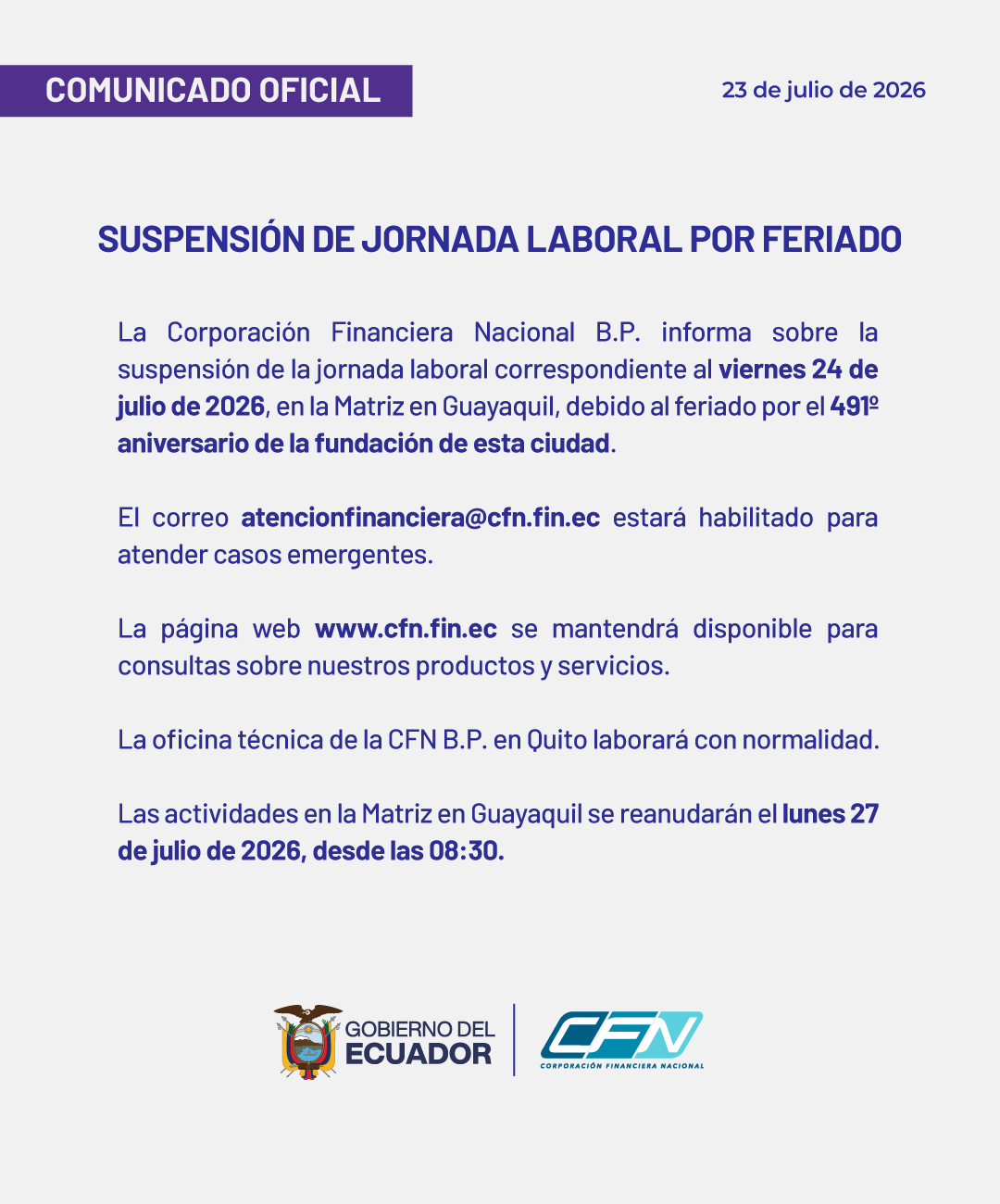 Comunicado Feriado Fundación de Guayaquil
