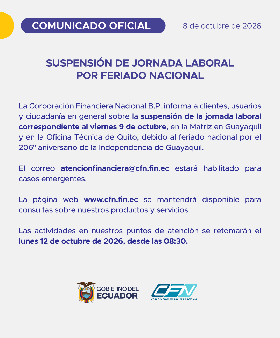 Feriado por la Independencia de Guayaquil