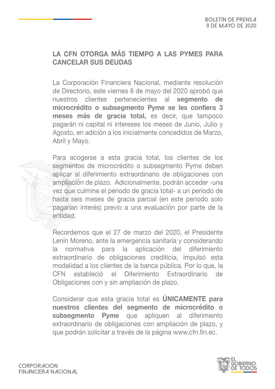 LA CFN OTORGA MÁS TIEMPO A LAS PYMES PARA CANCELAR SUS DEUDAS